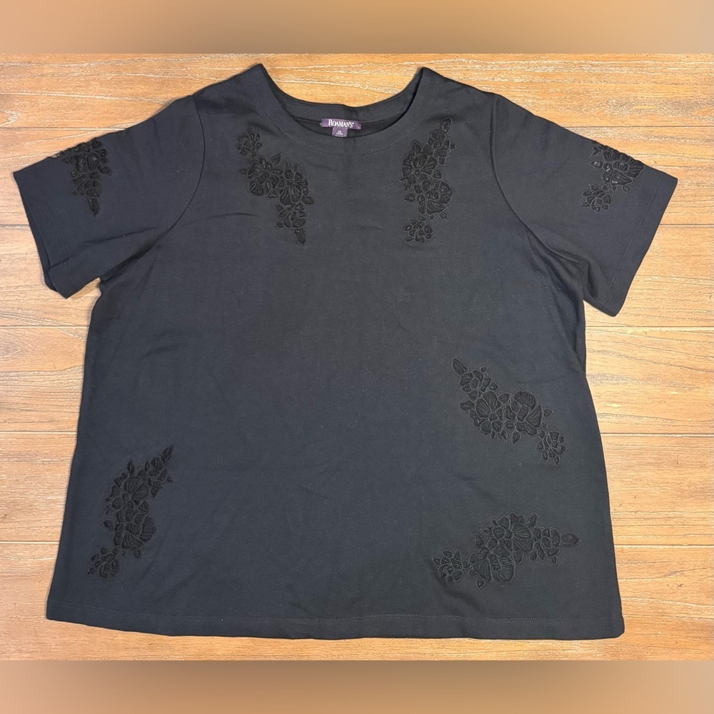 Roaman's Elegant Black Embroidered Tee